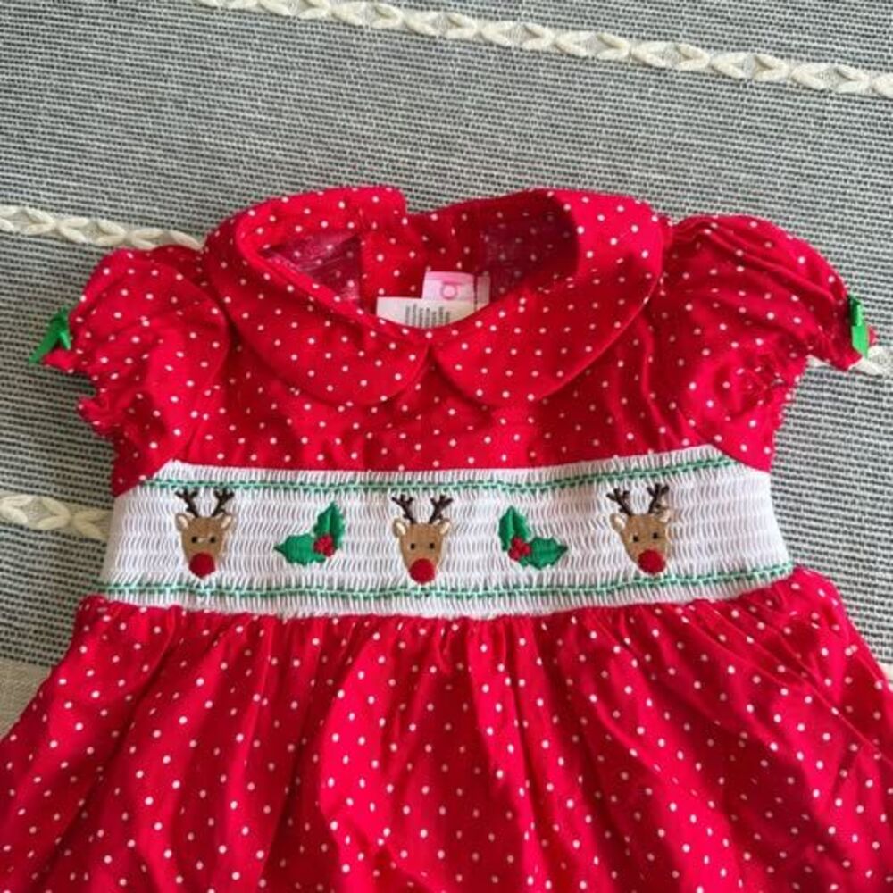 NWT Christmas Smocked Polka Dot Dress Size 9 months Red Festive Reindeer Collar - Picture 2 of 3